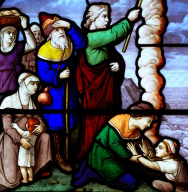 Moses parting red sea in stained glass