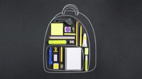 chalk outline drawing of backpack around some school supplies